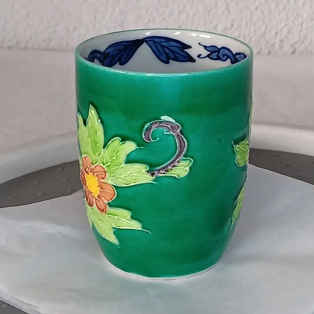 Japanese Kutani Ware Ceramic Teacup Yunomi Emerald Green Heavy Glaze 3